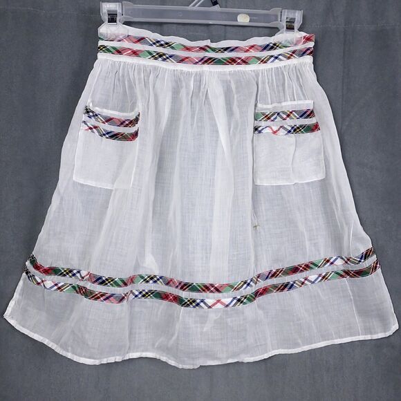 Vintage Hostess Half Apron Gauze Cotton White Two Pockets Plaid Preppy - Picture 1 of 5